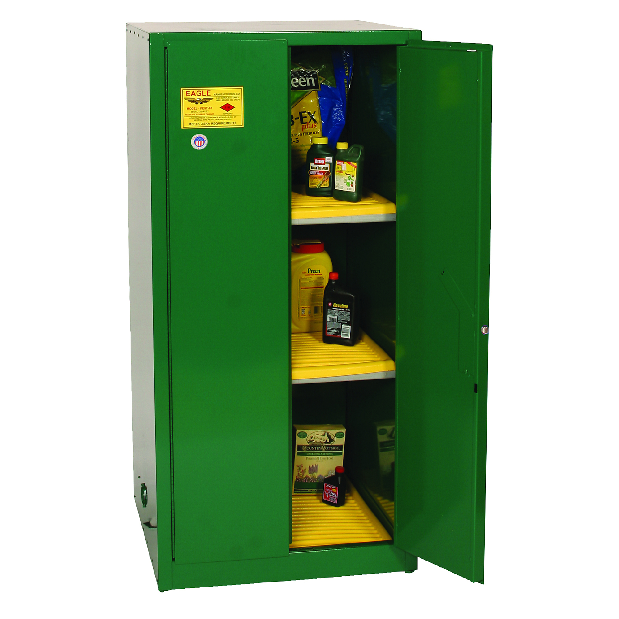 Eagle Pesticide Safety Cabinet — 60-Gallon, 2-Shelf, 2-Door, Manual Close, Green, Model# PEST62X